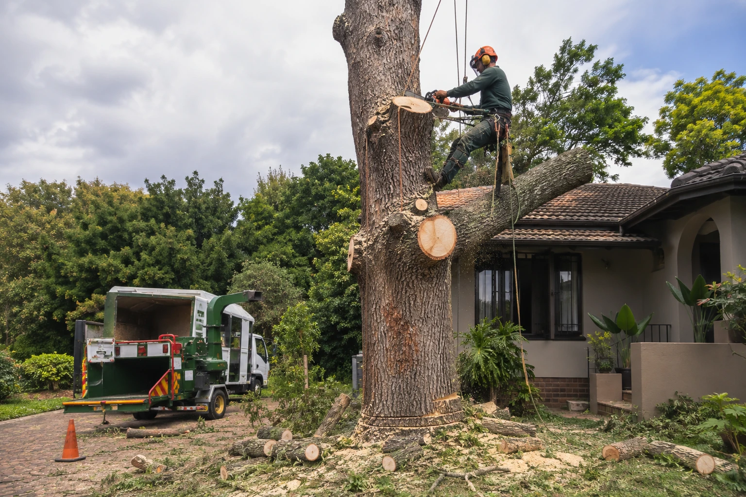 Professional tree feller safely removing a large tree near a house in Pretoria